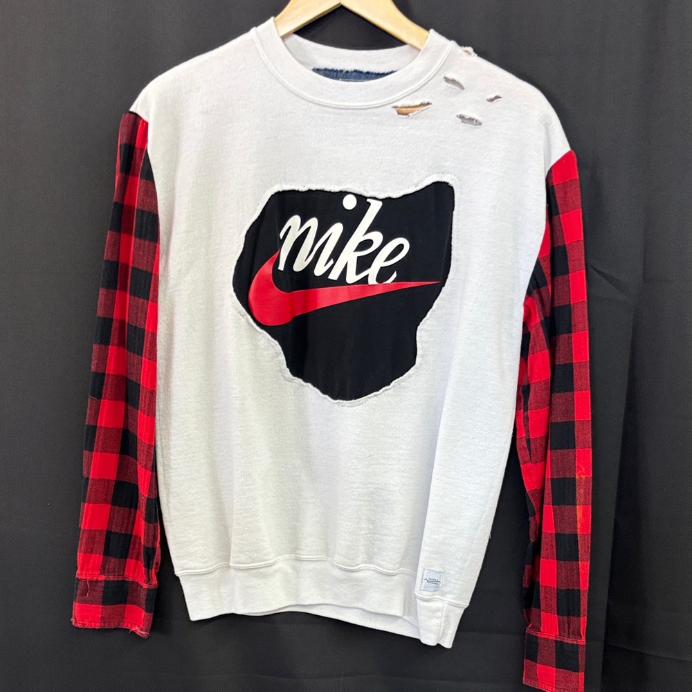 Nike Gray Sweatshirt with Red Plaid Sleeves
Repurposed by Jagged Threads”